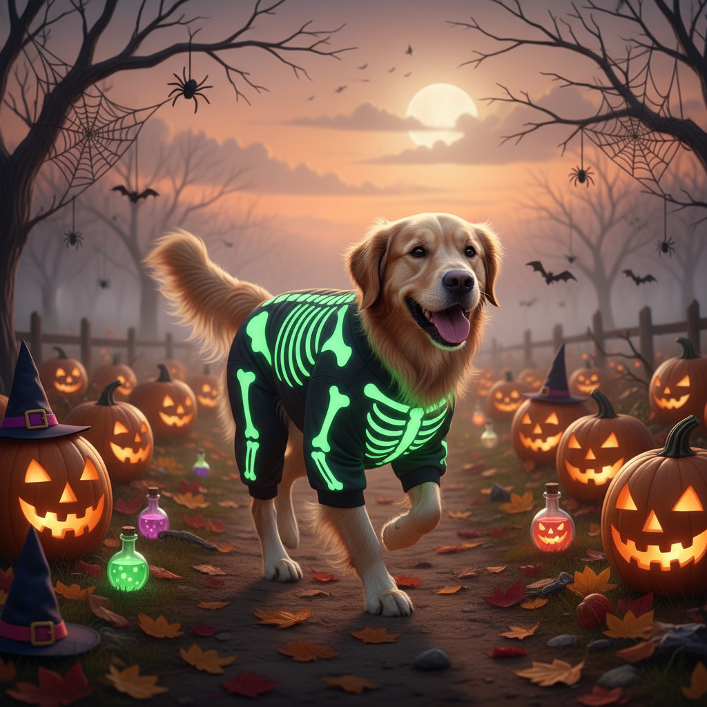 Dog wearing skeleton Halloween costume with glow in the dark bones