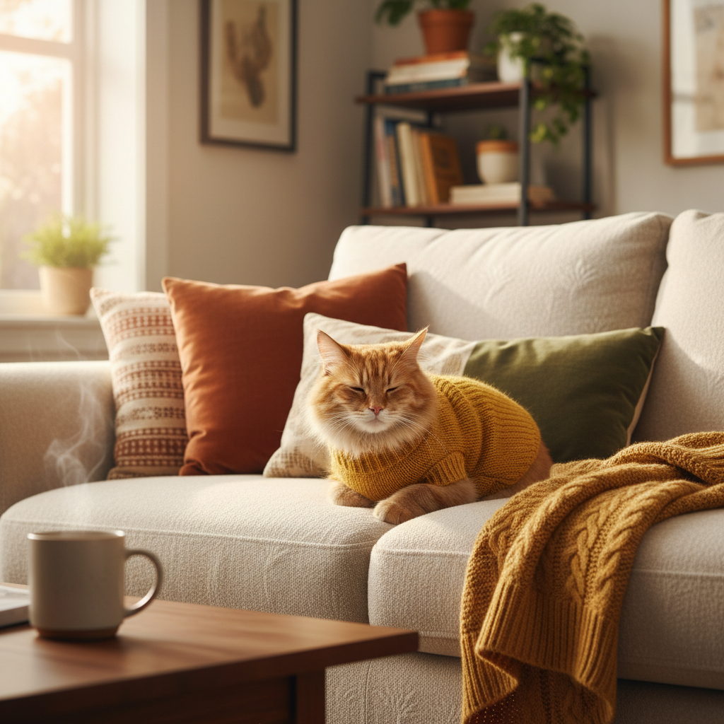 Orange cat wearing mustard yellow sweater on cozy sofa