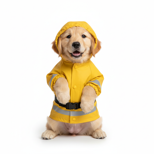 Dog wearing yellow waterproof raincoat