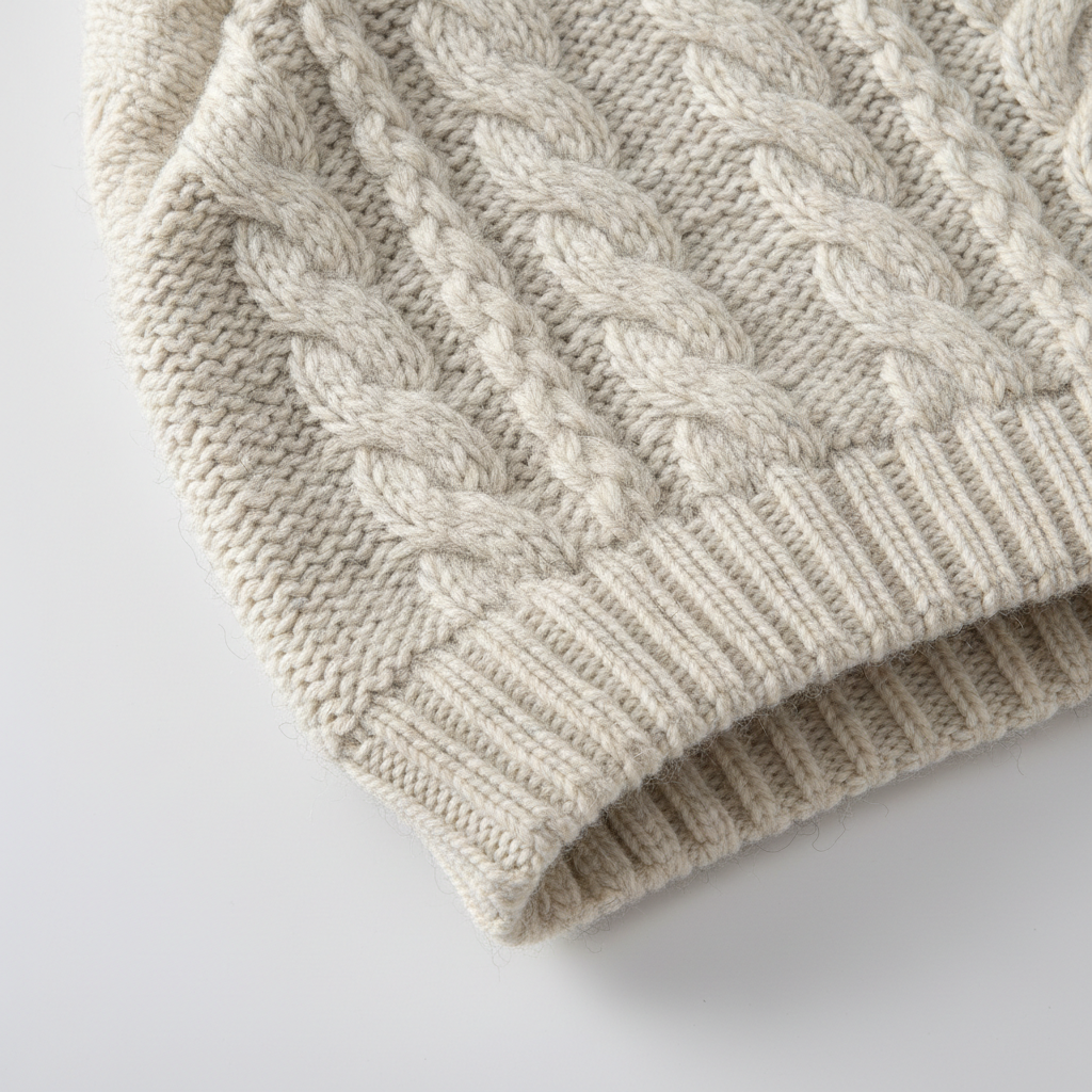 Close-up of cat sweater knit texture and ribbed cuffs