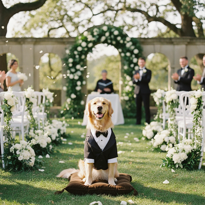 Golden retriever wearing black tuxedo at outdoor wedding