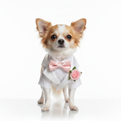 Chihuahua wearing white tuxedo with pink bow tie