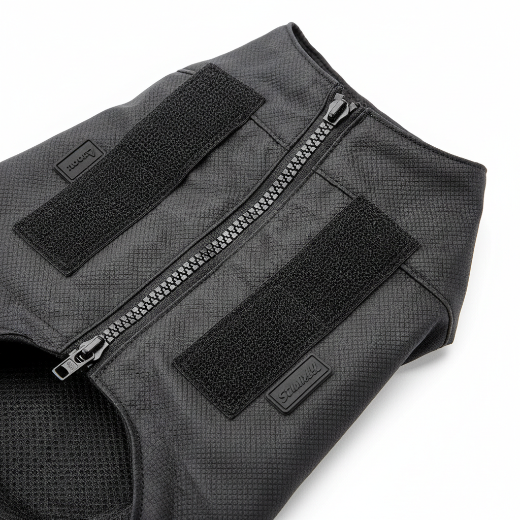 Close-up detail of pet raincoat fabric and zipper