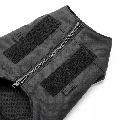 Close-up detail of pet raincoat fabric and zipper