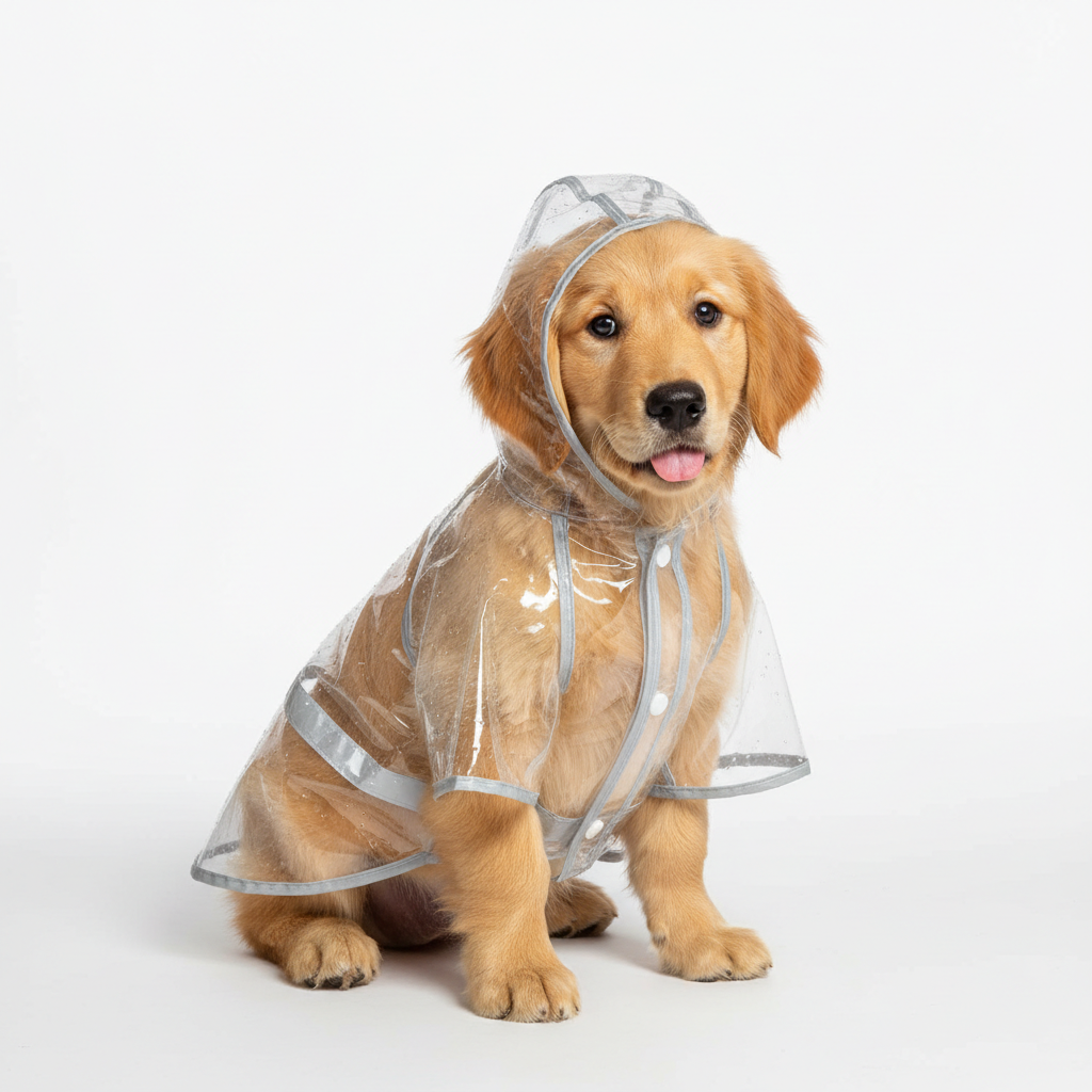 Golden retriever wearing transparent raincoat with reflective strips