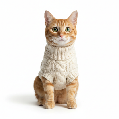 Tabby cat wearing cream white knitted sweater