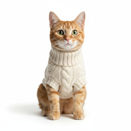 Tabby cat wearing cream white knitted sweater