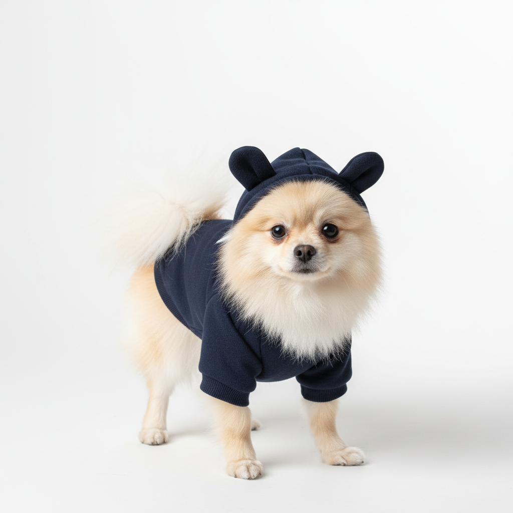 Pomeranian wearing navy blue hoodie with ear details