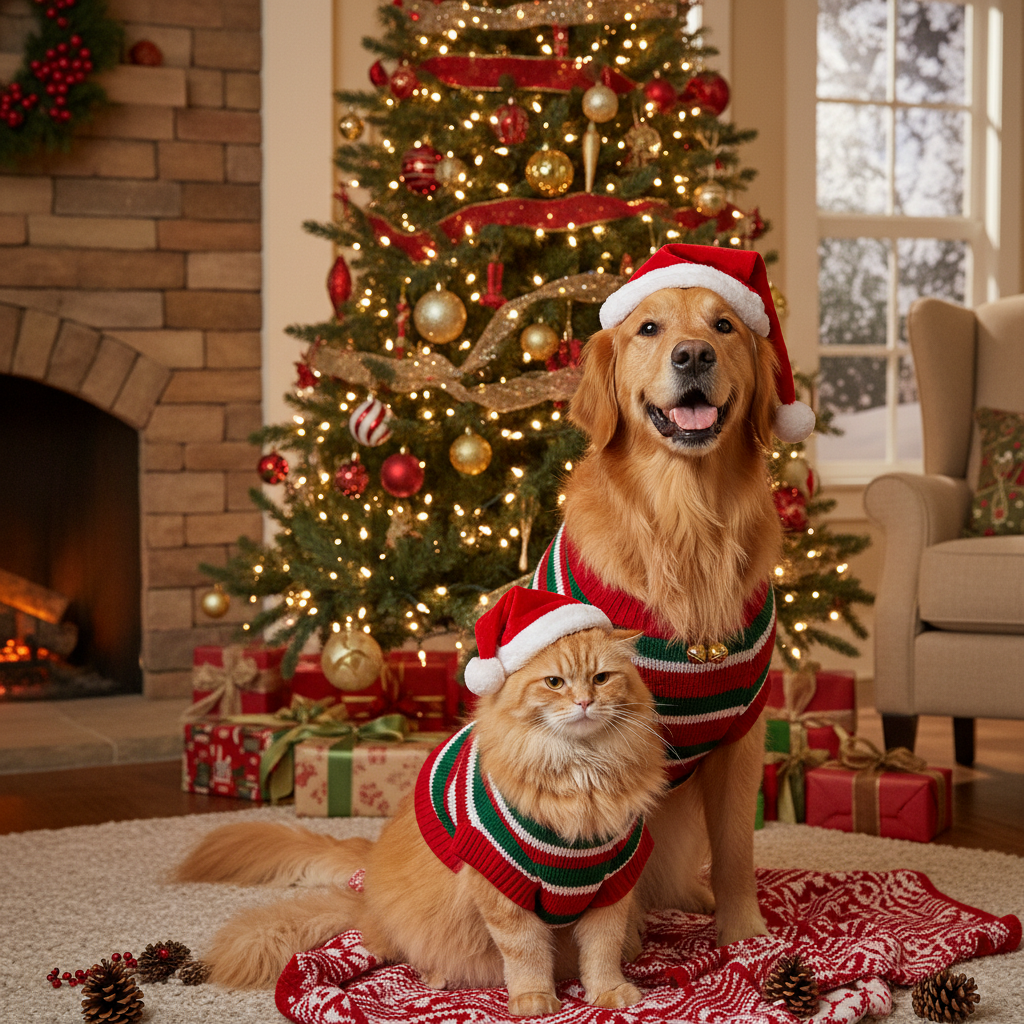 Dog and cat wearing matching Christmas outfits next to Christmas tree