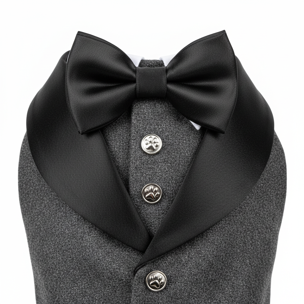 Close-up of dog tuxedo satin lapels and bow tie