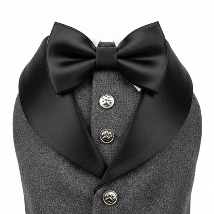 Close-up of dog tuxedo satin lapels and bow tie
