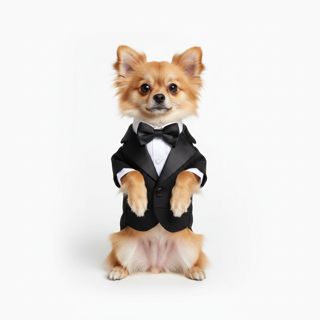 Small dog wearing classic black tuxedo with bow tie