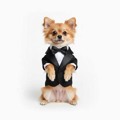 Small dog wearing classic black tuxedo with bow tie