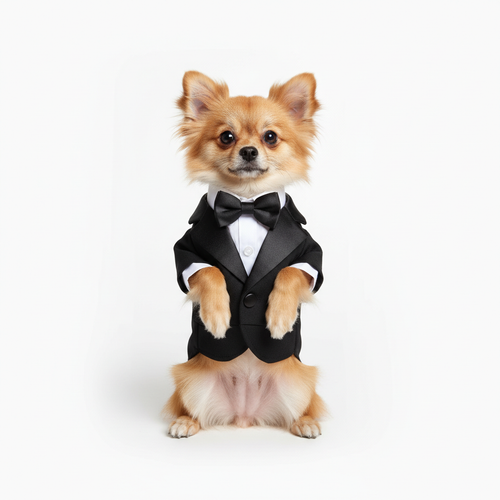 Small dog wearing classic black tuxedo with bow tie