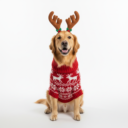 Golden retriever wearing red Christmas sweater with reindeer pattern and antler headband