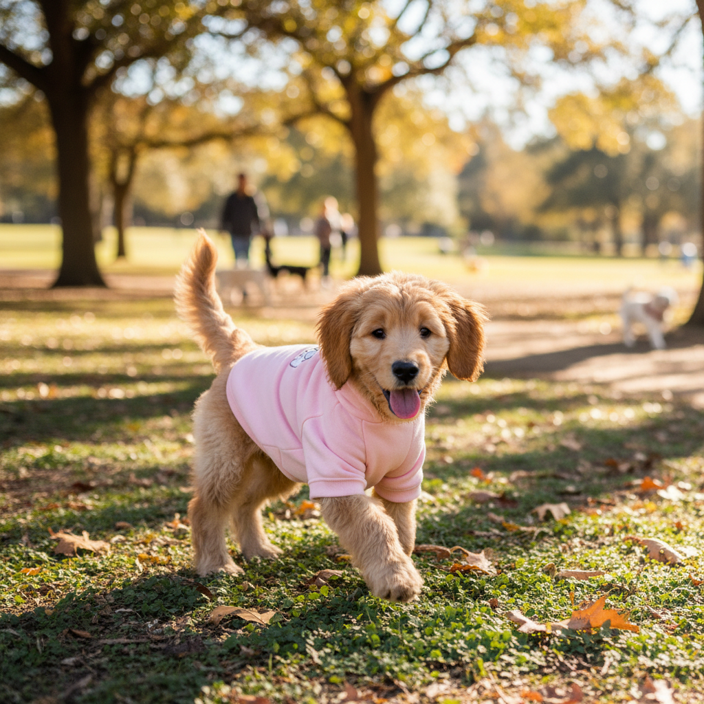 Golden retriever puppy wearing pink hoodie outdoors