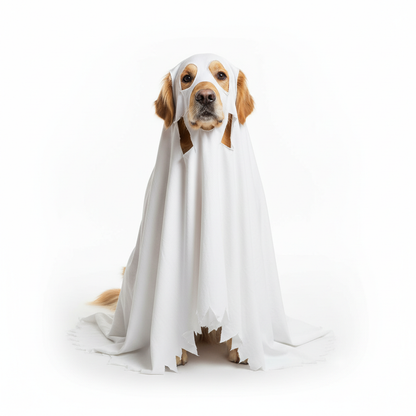 Dog wearing white ghost Halloween costume