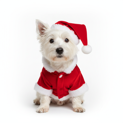 Dog wearing red Santa Claus Christmas outfit with Santa hat