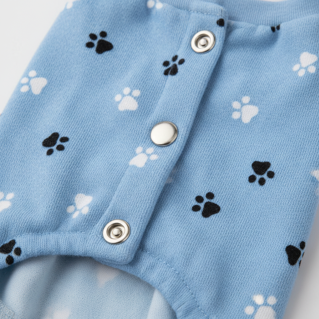 Close-up of pet pajamas paw print fabric and snap buttons