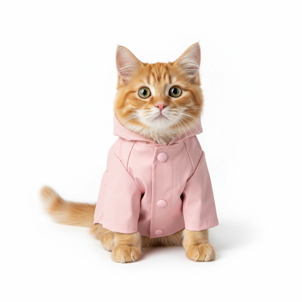 Cat wearing pink raincoat with snap buttons