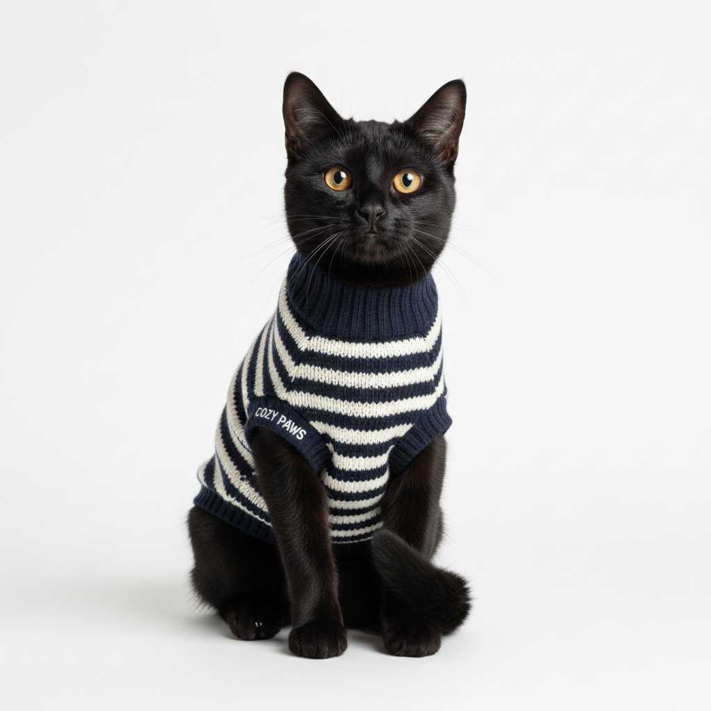 Black cat wearing navy and white striped knitted sweater