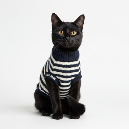 Black cat wearing navy and white striped knitted sweater