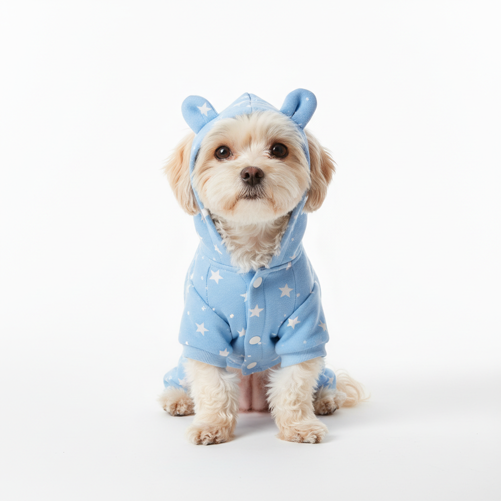 Dog wearing light blue star print pajamas