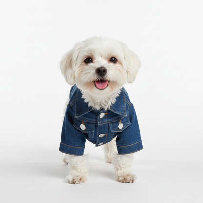 Small dog wearing classic blue denim jacket