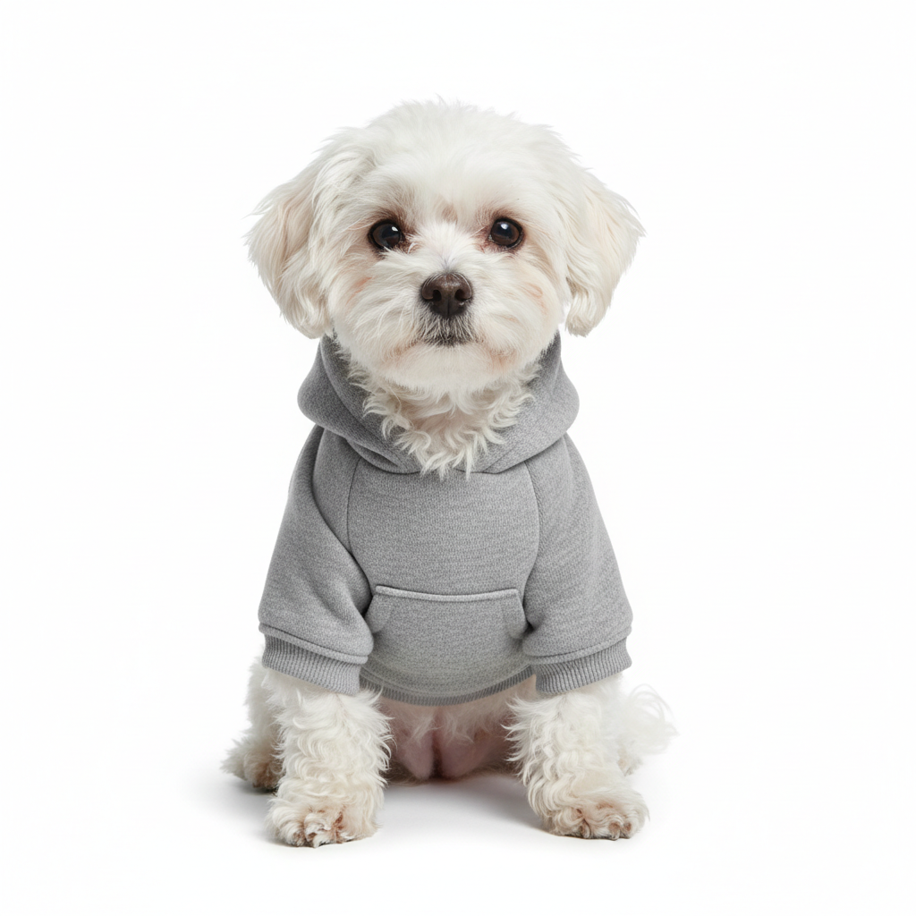 Small dog wearing gray hoodie with front pocket