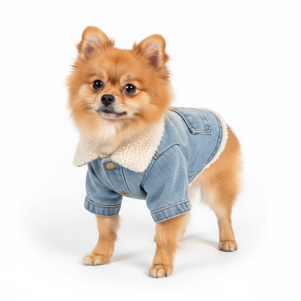 Pomeranian wearing light wash denim jacket with fleece collar