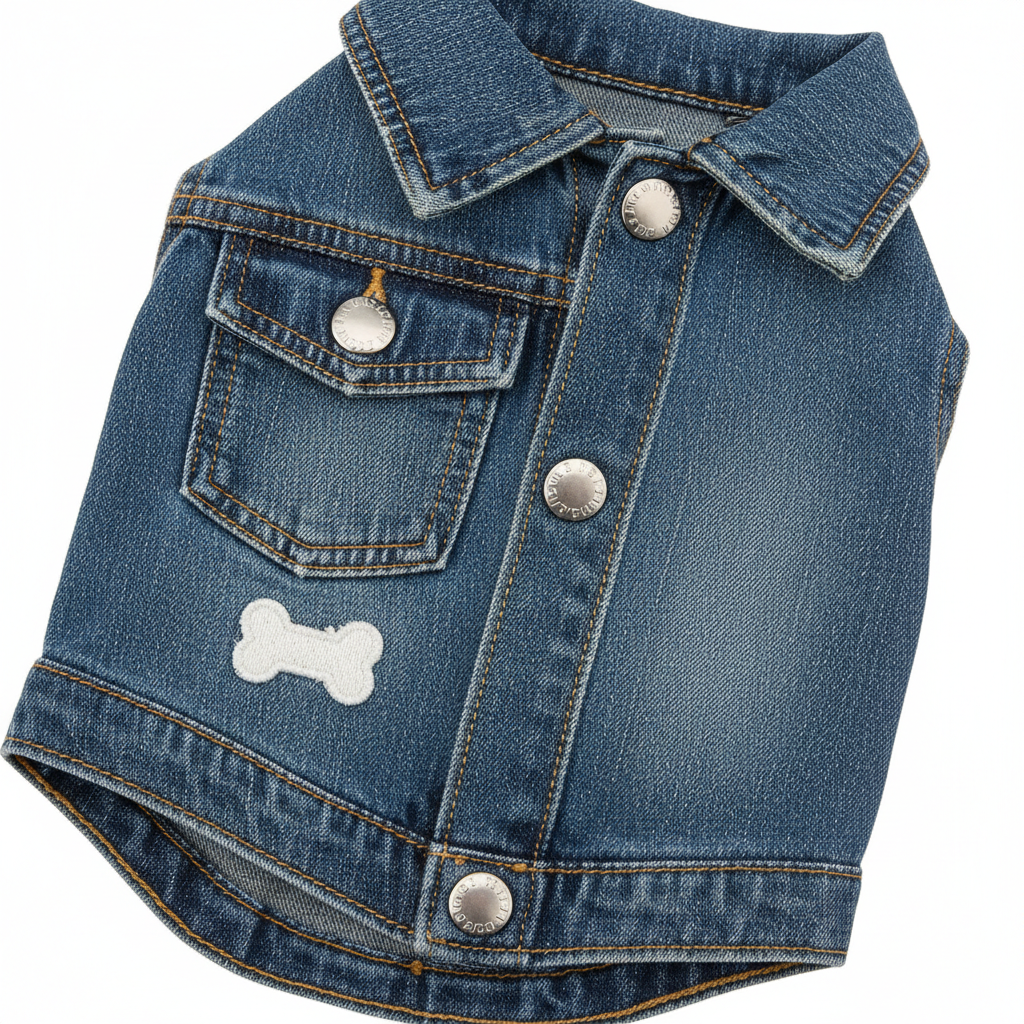 Close-up of dog denim jacket stitching and snap buttons