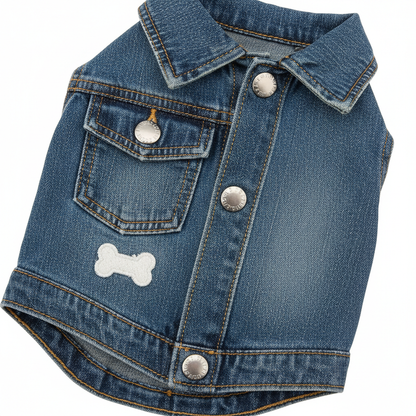 Close-up of dog denim jacket stitching and snap buttons