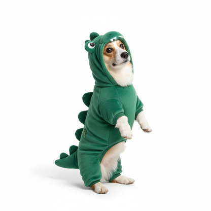 Corgi wearing green dinosaur onesie pajamas