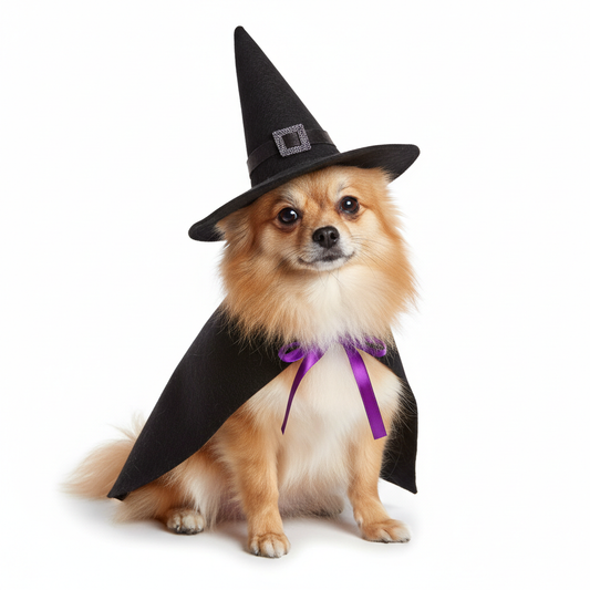 Dog wearing black witch hat and cape Halloween costume