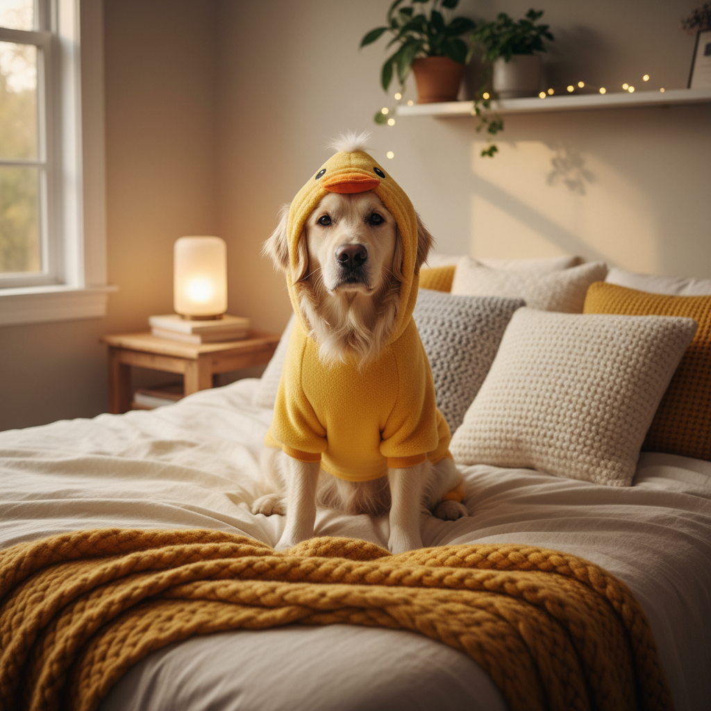 Dog wearing yellow duck onesie pajamas on a bed