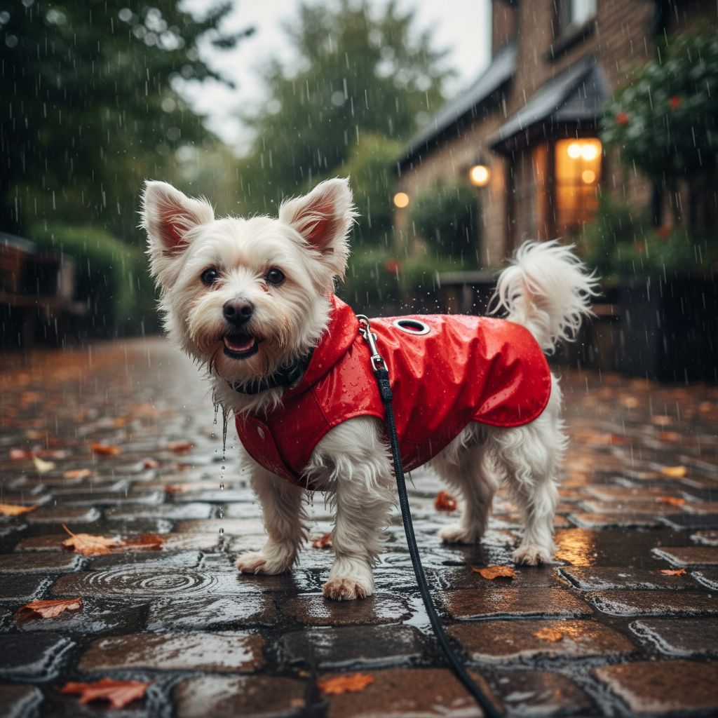 Happy dog wearing red raincoat outdoors in the rain
