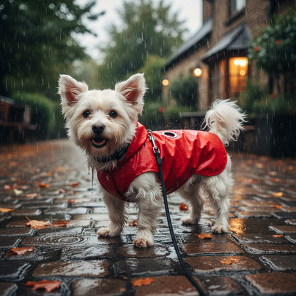 Happy dog wearing red raincoat outdoors in the rain