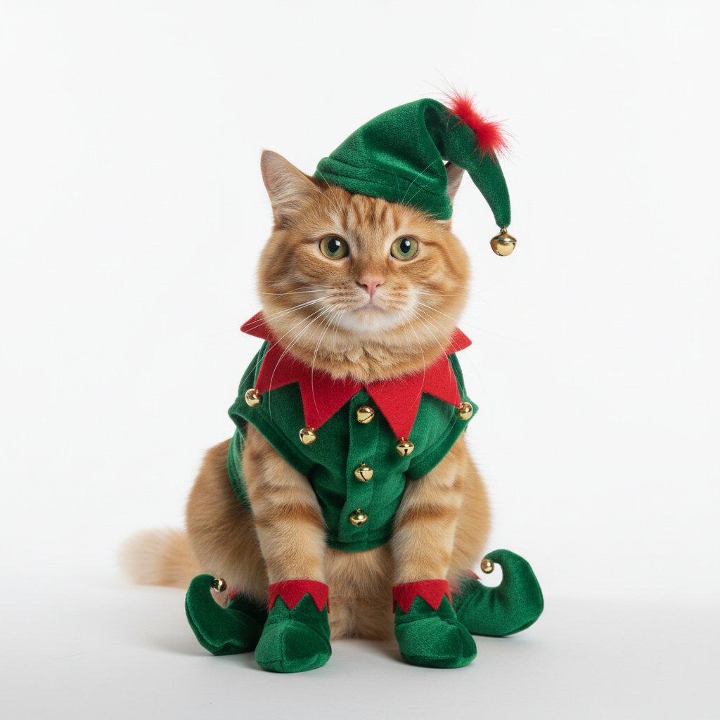 Cat wearing green Christmas elf costume with jingle bells