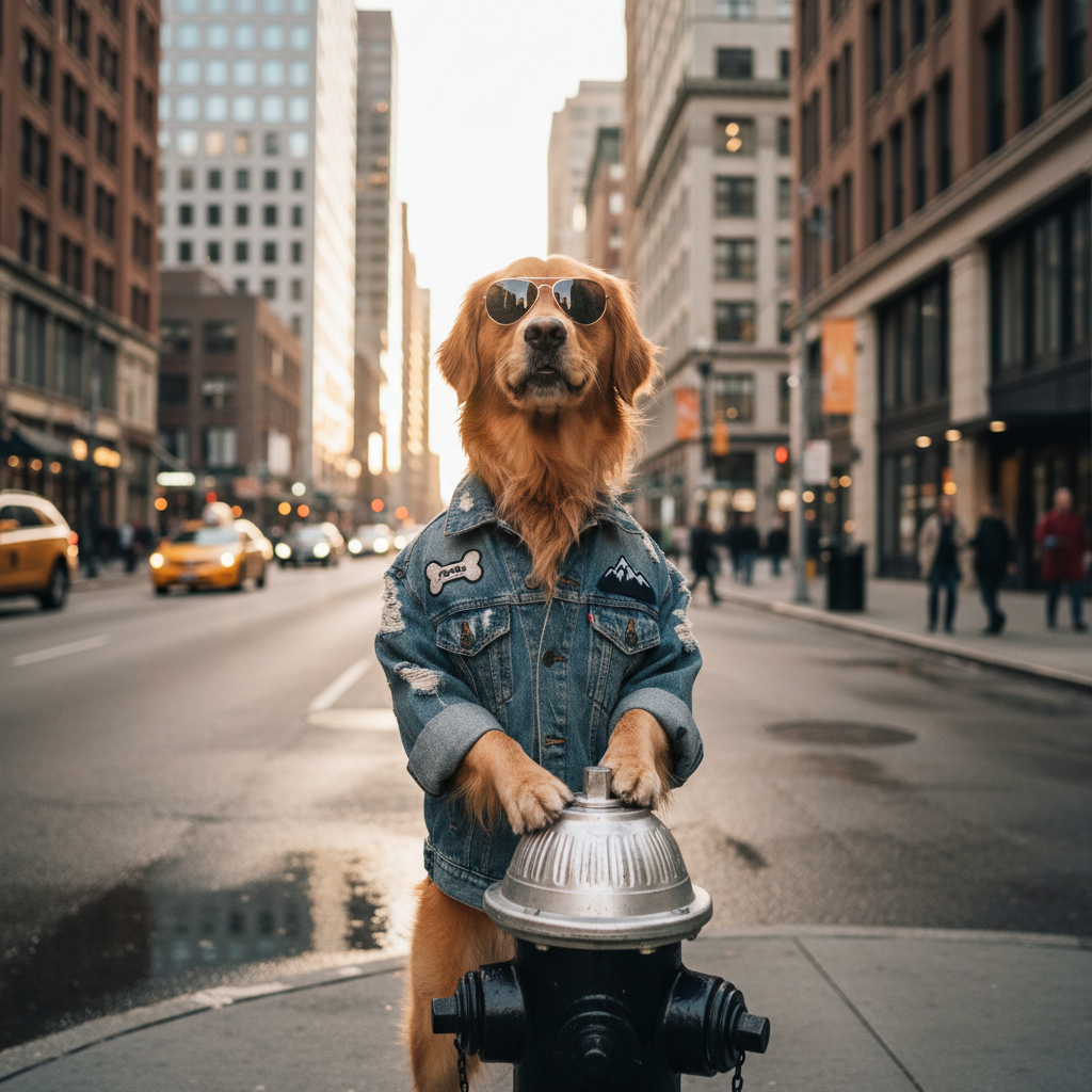 Dog wearing denim jacket on a city street