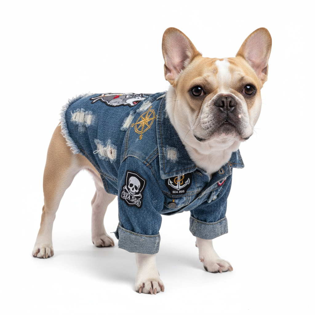 French bulldog wearing distressed denim jacket with patches