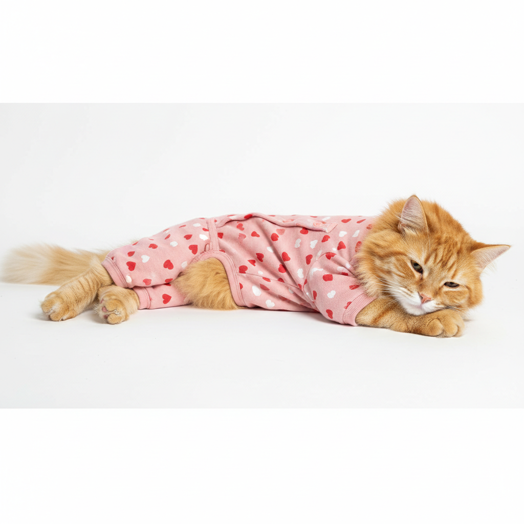 Cat wearing pink heart print pajamas lying down