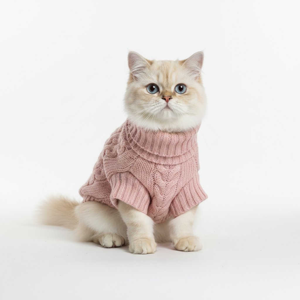 Persian cat wearing pink turtleneck cable-knit sweater