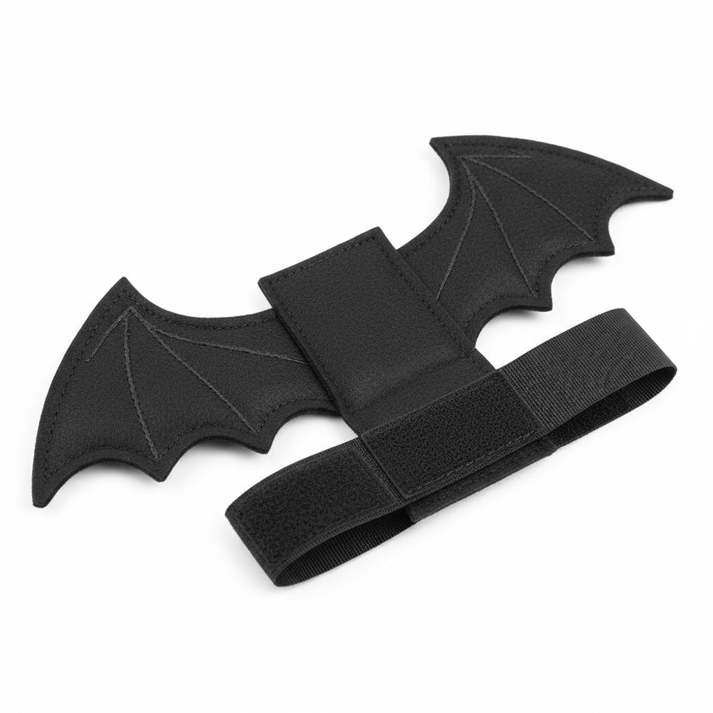 Close-up of pet Halloween costume bat wing details