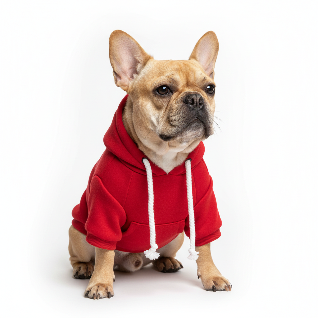 French bulldog wearing red hoodie with white drawstrings