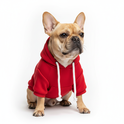 French bulldog wearing red hoodie with white drawstrings