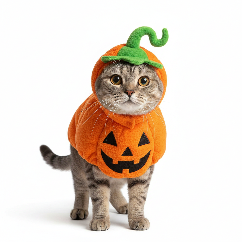 Cat wearing orange pumpkin Halloween costume