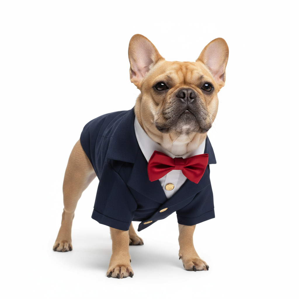 French bulldog wearing navy blue tuxedo with red bow tie